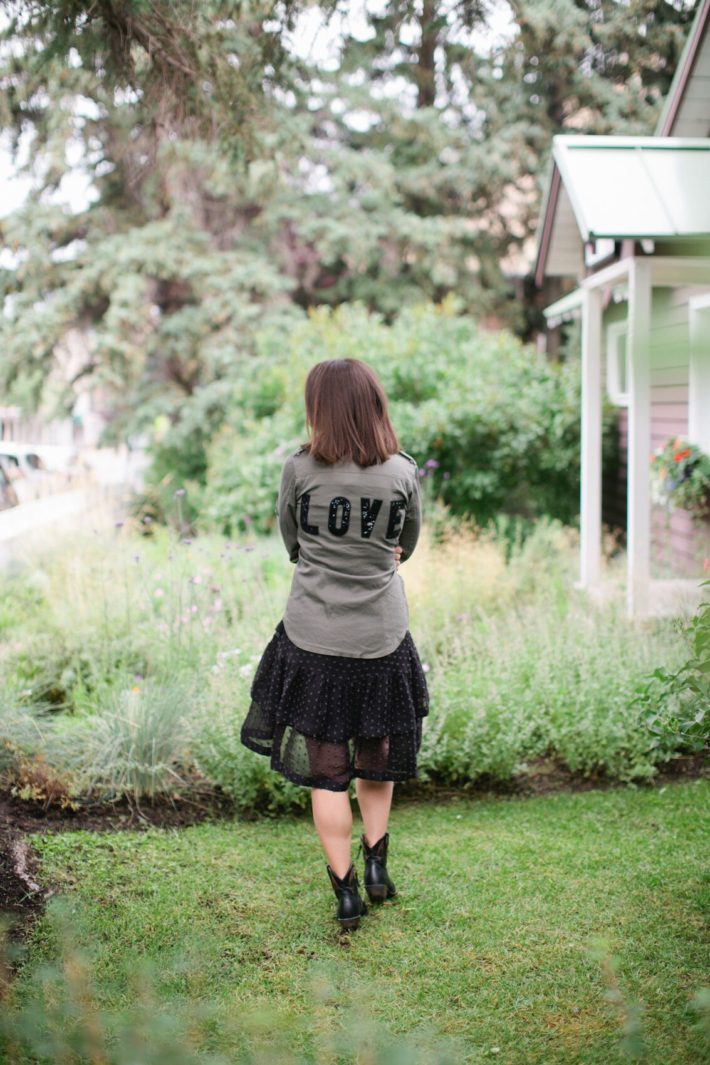 Jackson Hole Blogger wearing Love army jacket