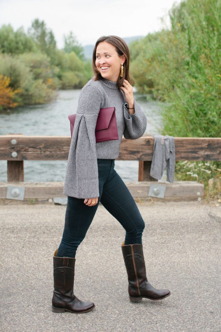 Jackson Hole style blogger Meagan wears bell sleeve sweater from local boutique Nest