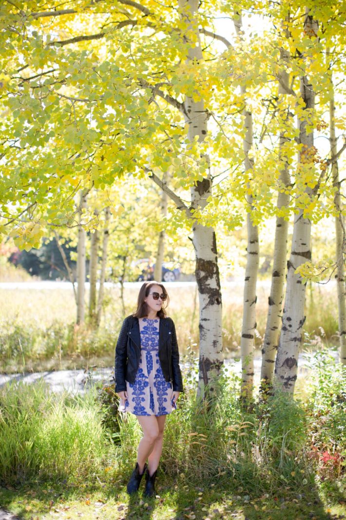 Mountain Town Blogger rocking Faux Leather Jacket and For Love & Lemons Dress