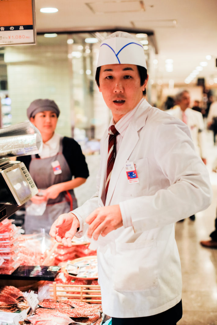 Butcher at the Isetan Food Department in Tokyo, Japan