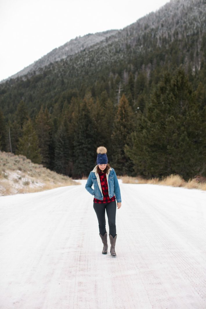 Jackson Hole Blogger wears Shit That I Knit Beanie and Lucchese Boots