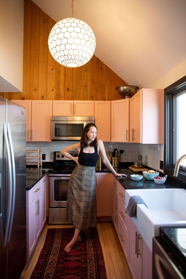 Pink Kitchen cabinets in Jackson Hole chalet