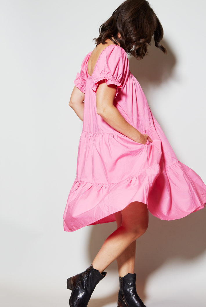 model in hot pink ON & OFF THE SHOULDER MINI - BUBBLEGUM shop buru dress 